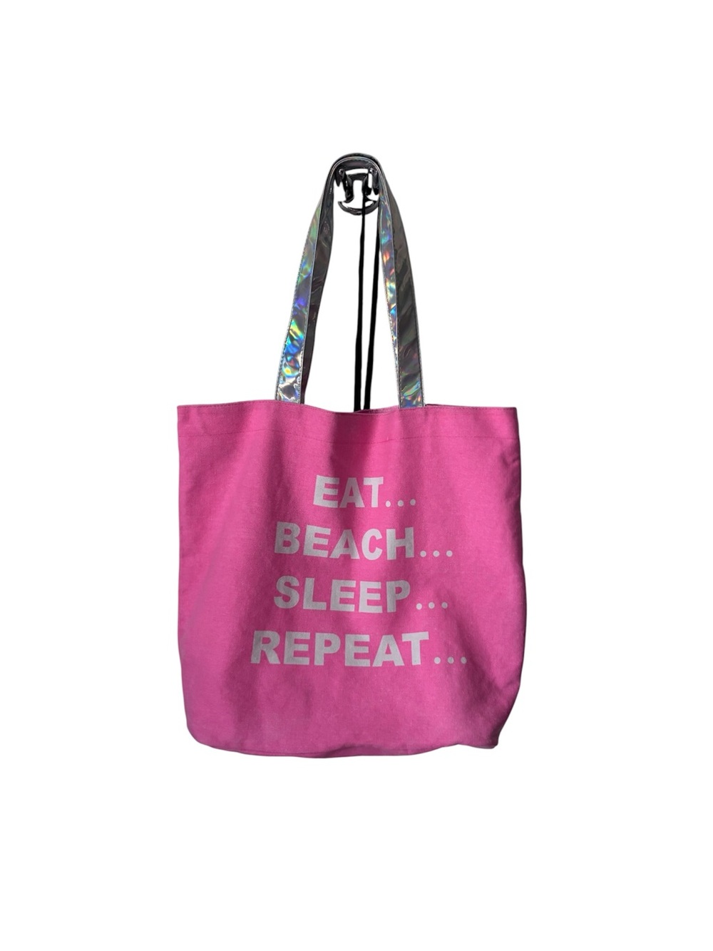 No Boundaries Hot Pink Beach Bag Canvas Tote with Holographic Silver Straps